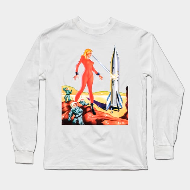 Retro Astronaut Girl Space The Cosmic Destroyer Blonde Science Fiction Imaginative Tales Vintage Comics 1957 Long Sleeve T-Shirt by REVISTANGO